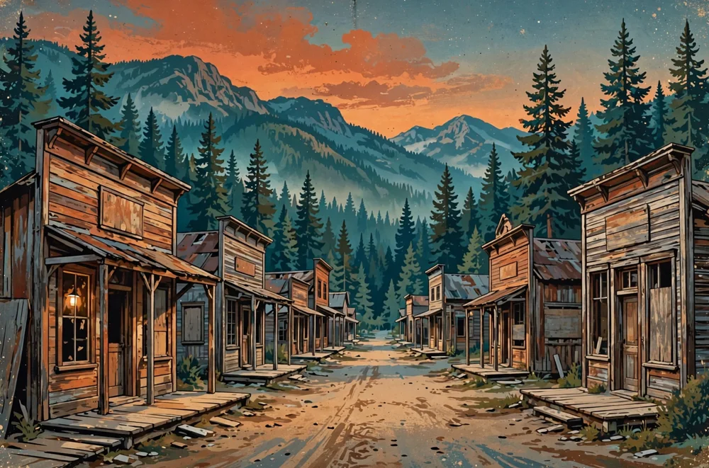 Illustration of a wooden ghost town main street in the BC mountains at sunset