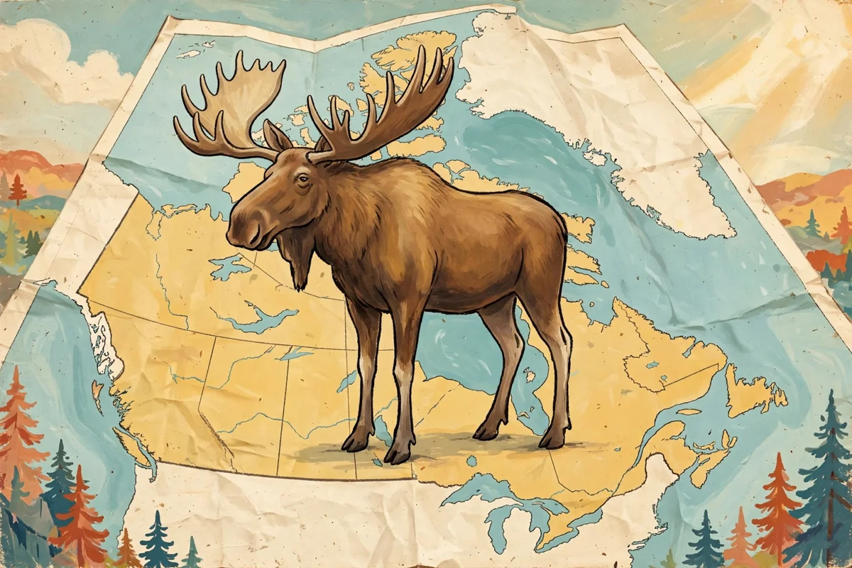 Illustrated moose standing on a vintage map of Canada