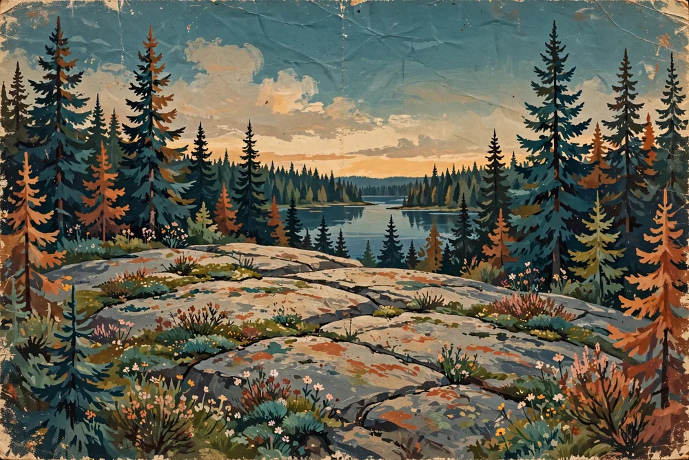 Illustration of the flat granite outcrop clearing in the boreal forest above Falcon Lake at twilight, wildflowers in the cracks of the rock