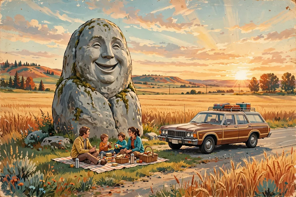 Illustration of Happy Rock at golden hour with a family picnicking at its base and a 1970s station wagon parked nearby