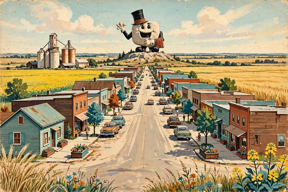 Illustration of a prairie main street with grain elevators and fields, the Happy Rock statue waving above the town