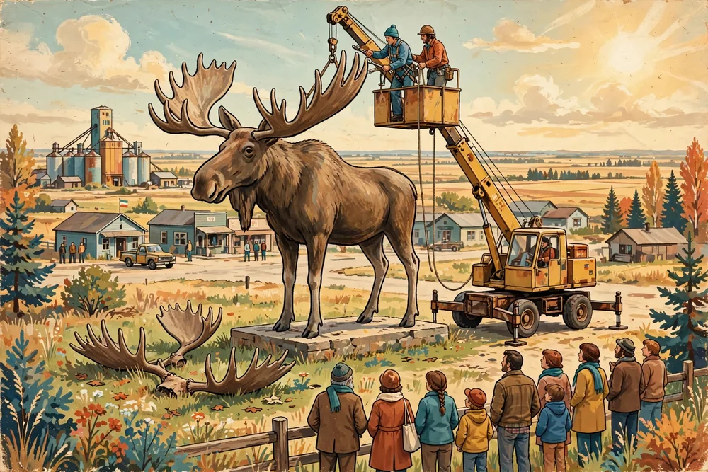 Illustration of workers on a crane fitting Mac the Moose's new antlers, the old antlers resting on the grass below