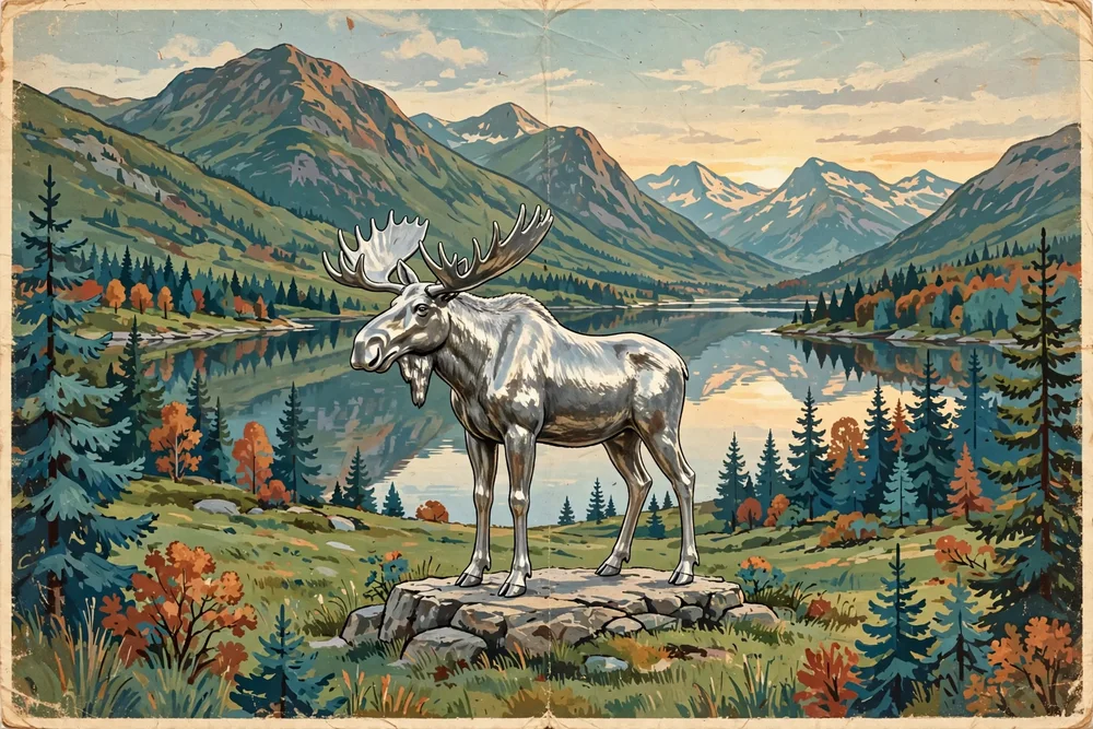Illustration of Storelgen, Norway's shiny silver moose statue, standing in a mountain valley beside a lake