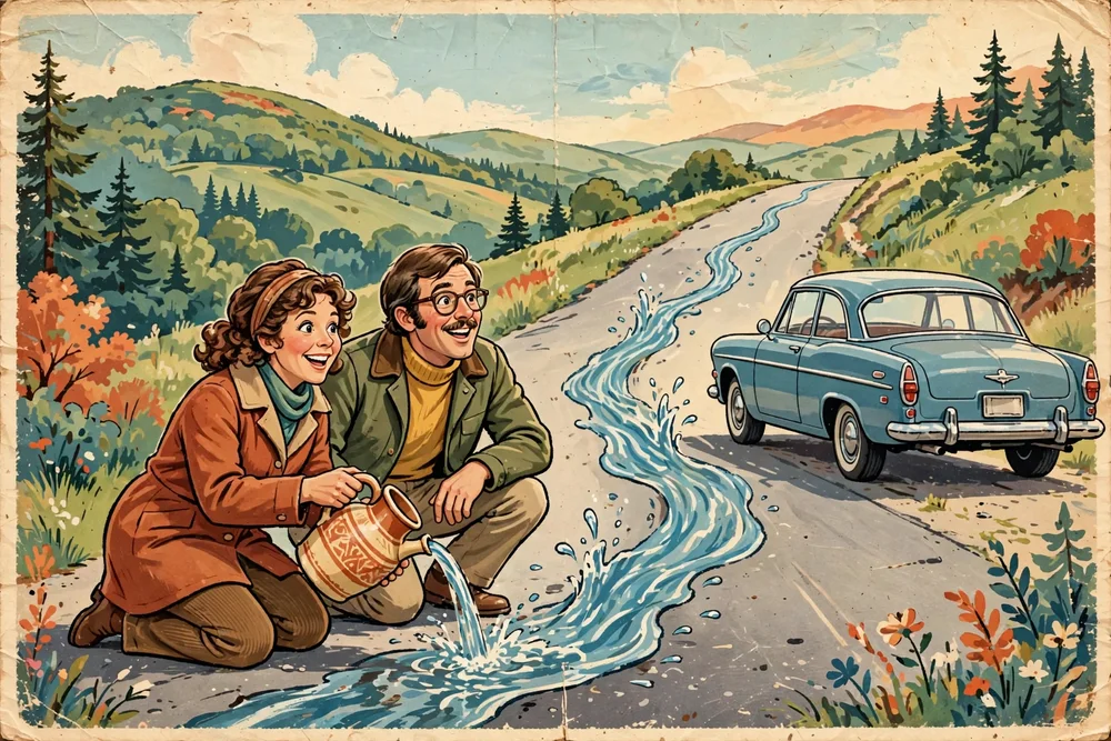 Illustration of travellers pouring water on the Magnetic Hill road and watching it seem to flow uphill