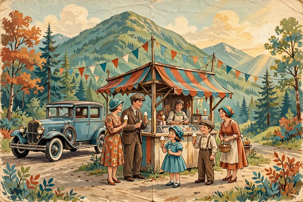 Illustration of a 1930s roadside ice cream stand at the foot of a green mountain, with a period touring car