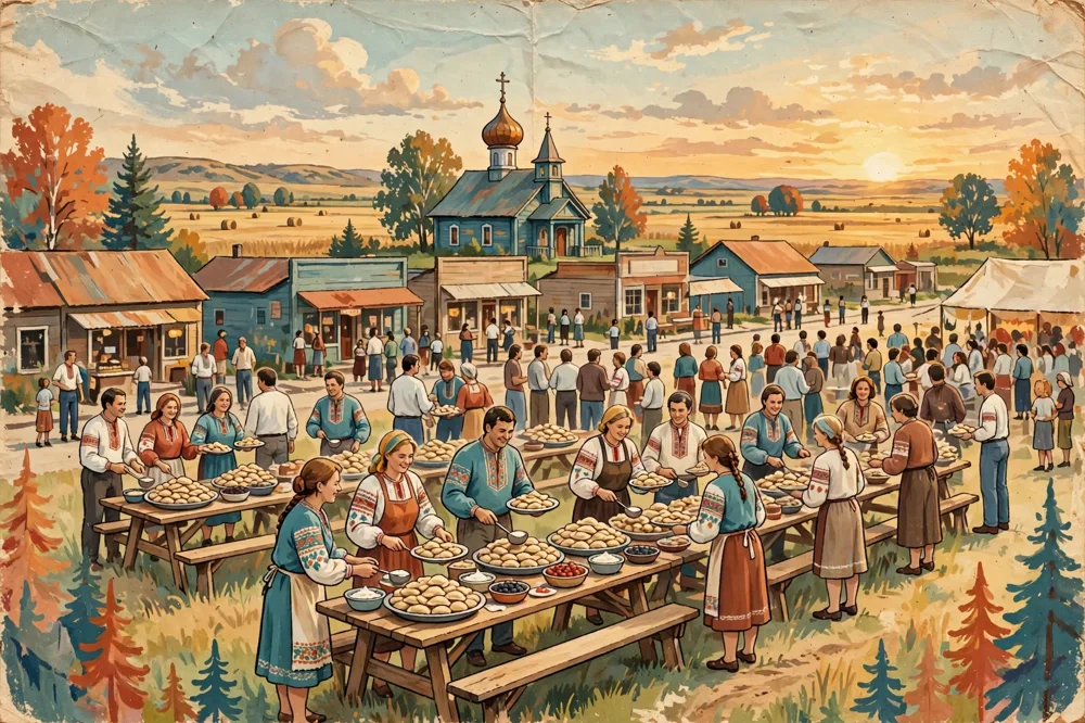 Illustration of Glendon's pyrogy festival — long tables, embroidered shirts, and platters of perogies