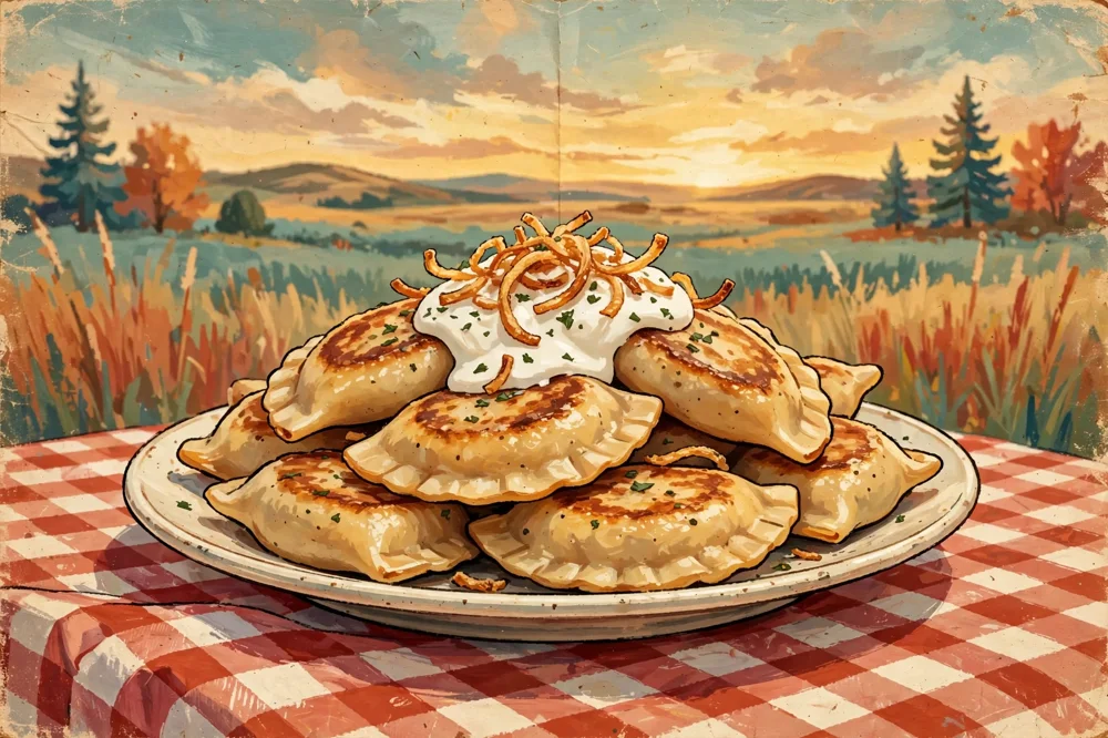 Illustration of a plate of golden perogies with sour cream and crispy onions