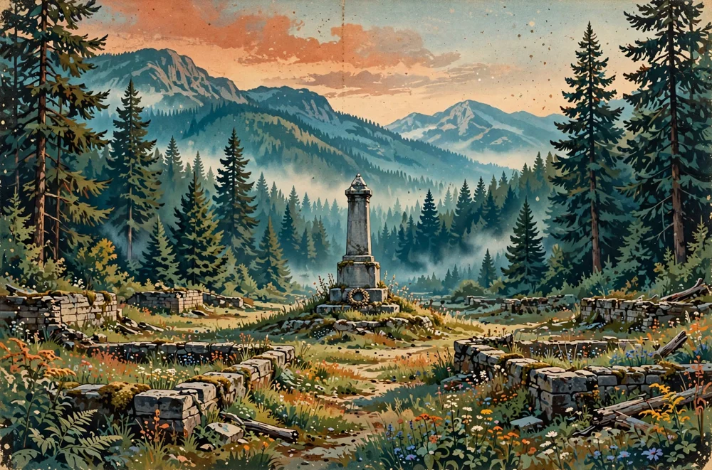 Illustration of the Phoenix townsite — a lone cenotaph and stone foundations in a forest clearing