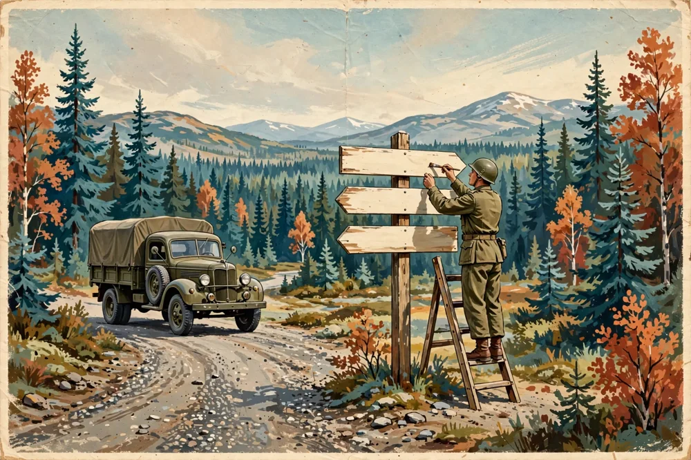 Illustration of a 1942 soldier on a ladder adding a board to a lone signpost beside a wartime truck