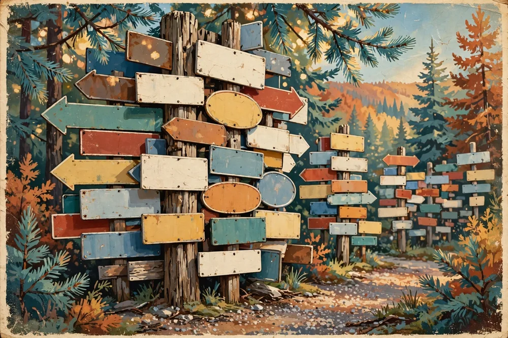 Illustration of a single post crowded with colourful blank sign boards in dappled forest light