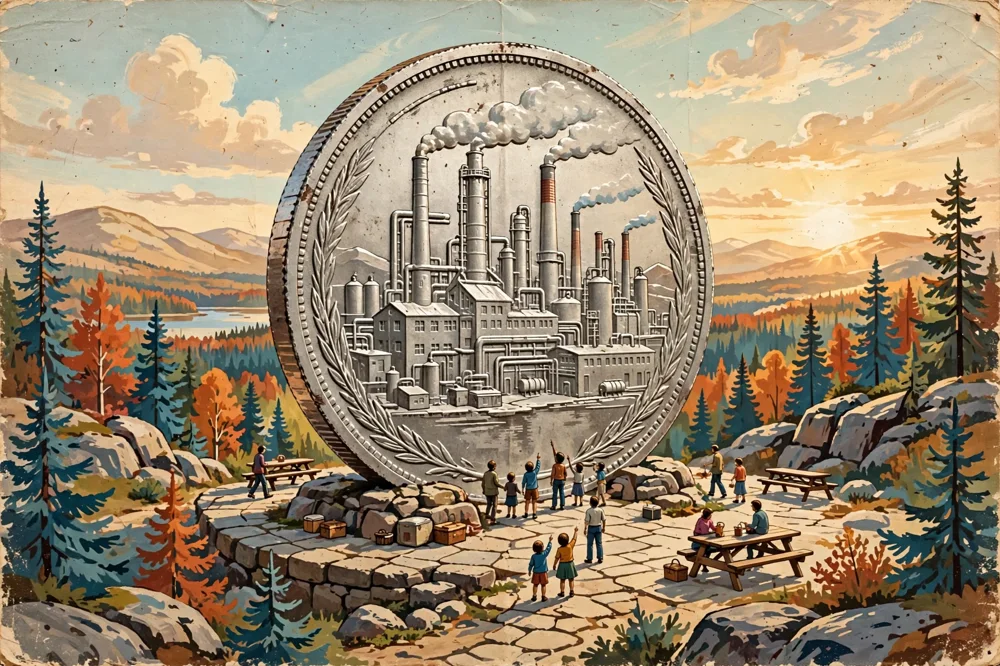 Illustration of the refinery face of the Big Nickel with visitors gathered at its base