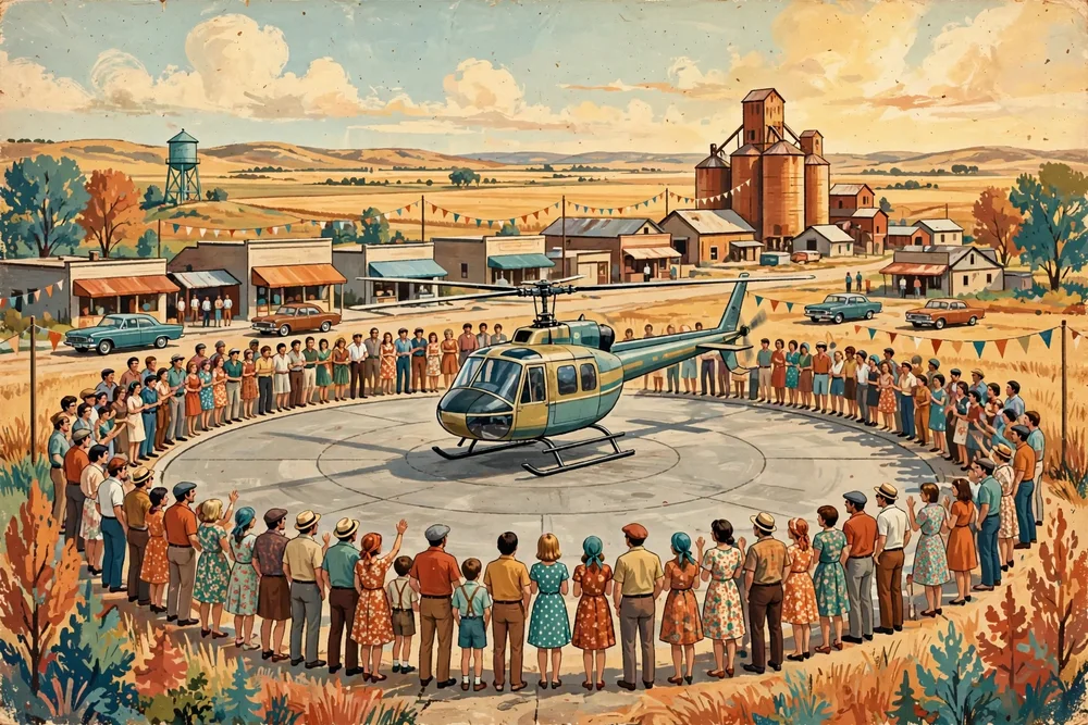 Illustration of a helicopter touching down on the landing pad in 1967 as a crowd in sixties clothing watches