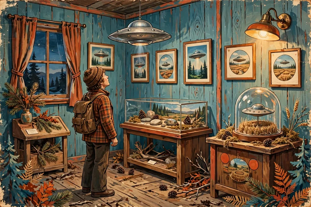 Illustration of the UFO exhibit room, with framed flying-saucer photographs on the walls and a model saucer in a glass case