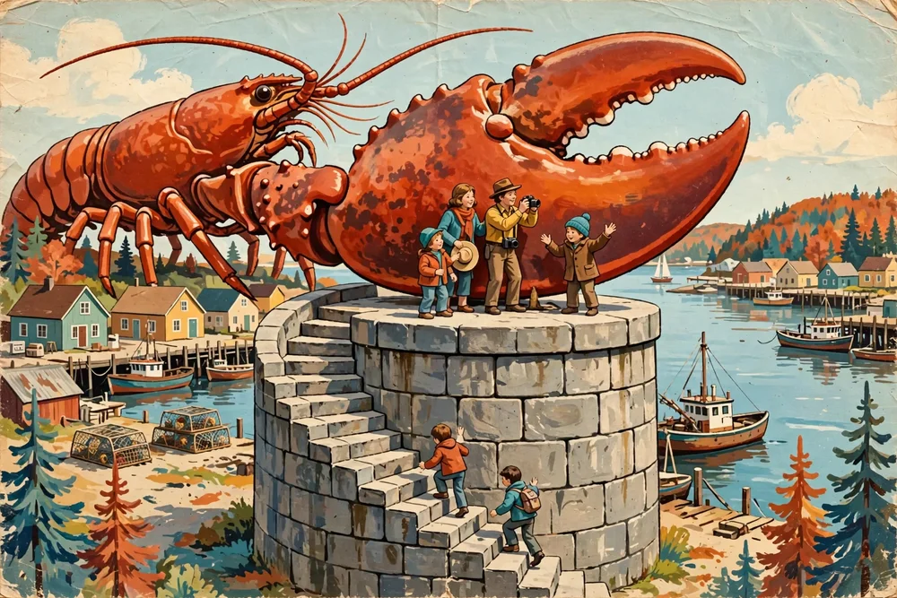Illustration of visitors climbing the pedestal staircase to pose beside the giant lobster's enormous claw