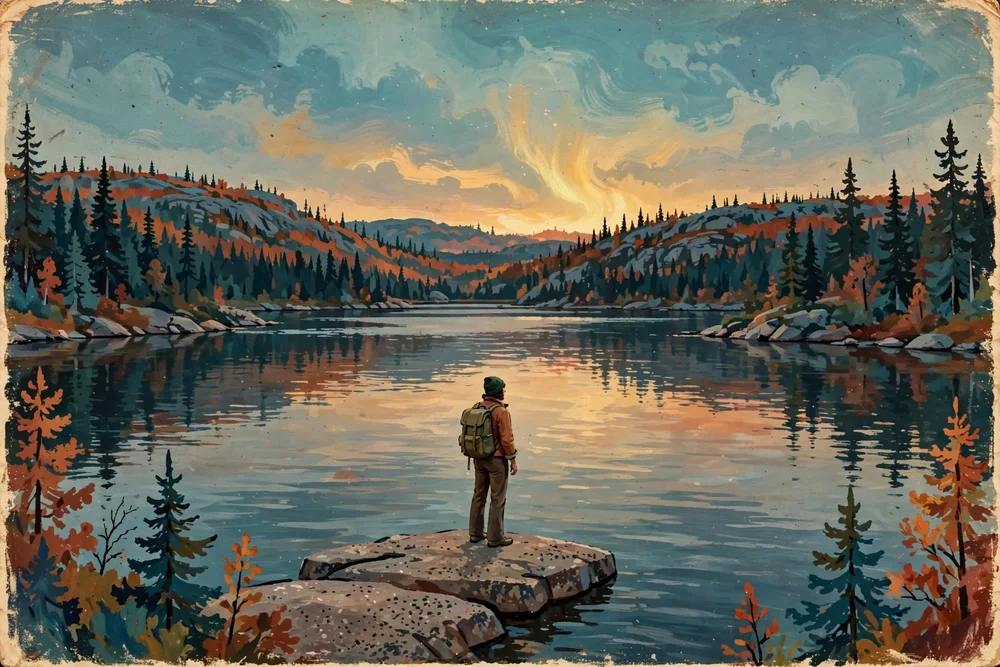 Illustration of a hiker standing on a granite outcrop above Falcon Lake at dusk, a strange warm glow in the sky over the treeline