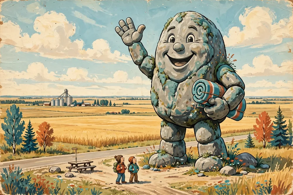 Illustration of Gladstone's Happy Rock statue — a giant smiling rock character waving one hand and holding a beach towel — beside a prairie highway