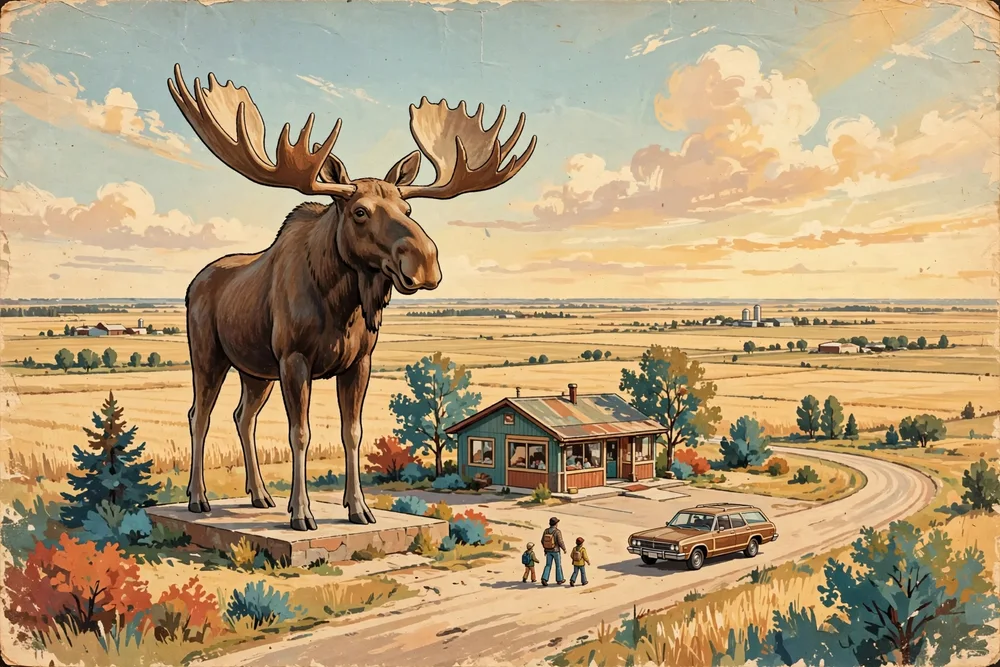 Illustration of Mac the Moose, the giant moose statue beside Moose Jaw's visitor centre, with travellers and a station wagon below