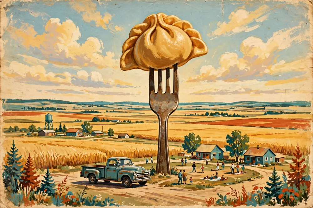 Illustration of Glendon's giant perogy speared on a huge fork above a prairie town