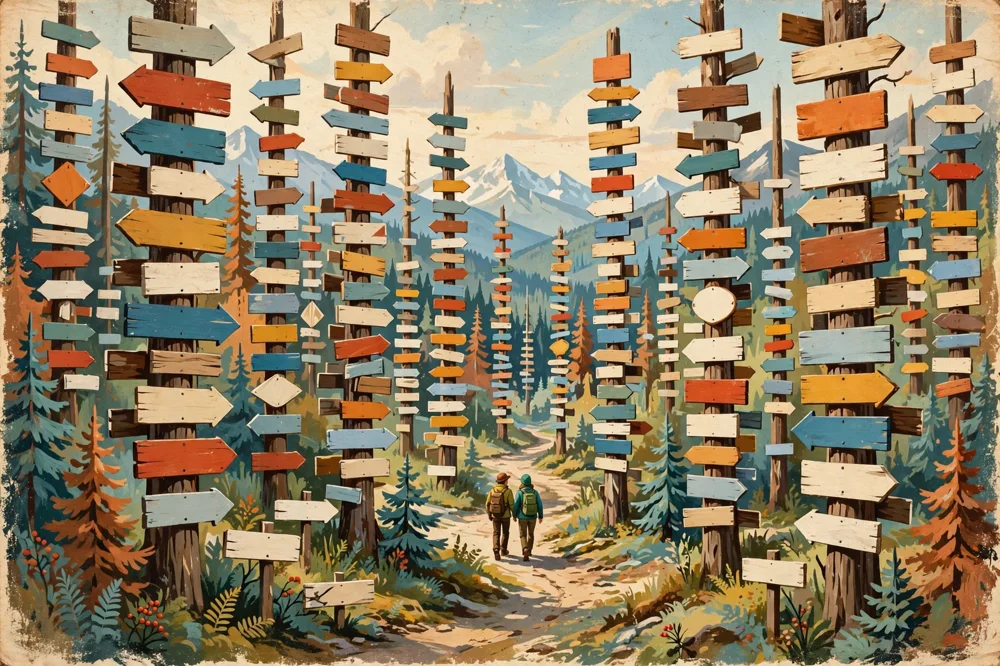 Illustration of the Sign Post Forest in Watson Lake — tall posts covered in colourful blank sign boards along a forest path