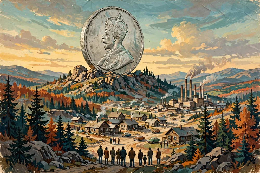 Illustration of Sudbury's Big Nickel — a giant coin with a king's portrait standing on a rocky hill above a mining town