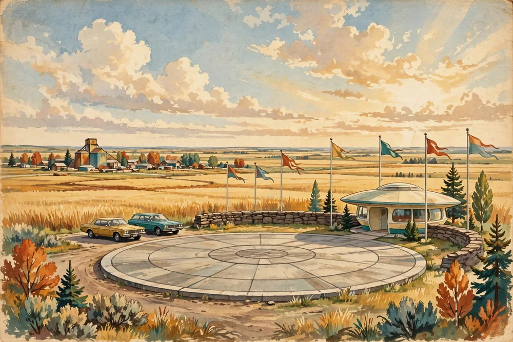 Illustration of St. Paul's circular UFO landing pad with its flag poles and the flying-saucer-shaped tourist centre beside it